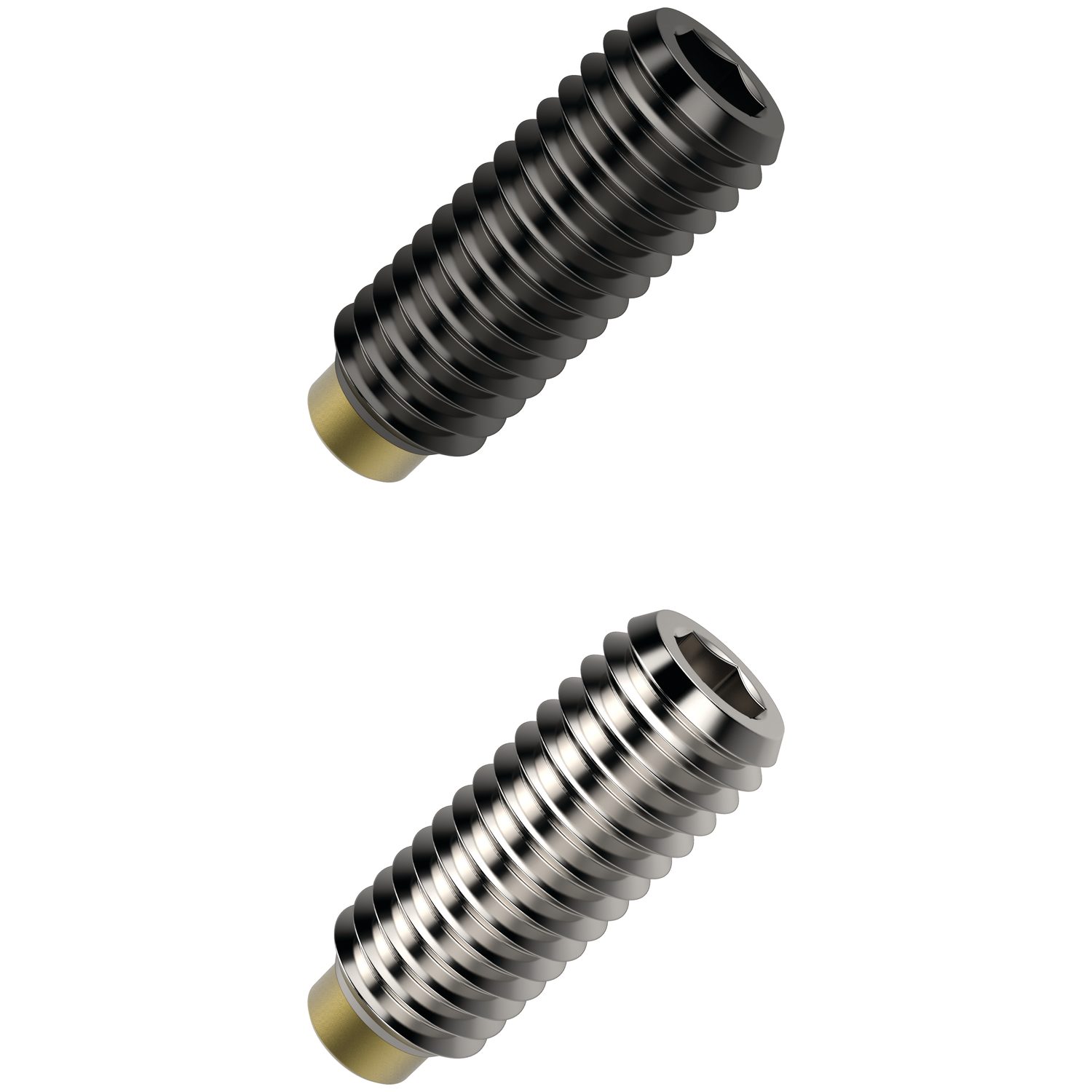 sideways vie diagonally of two brass pad thrust screws; one black and one silver